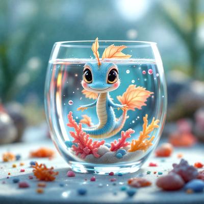 The primary subject of the image is a glass cup filled with water, featuring a cartoon-like creature, possibly a dragon or a lizard, swimming in the water. The creature appears to be smiling, adding a playful and cheerful atmosphere to the scene. The setting is a table, and the visual style is a combination of digital art and illustration. The colors used in the image are predominantly shades of blue and orange, which contribute to the overall mood of the scene.